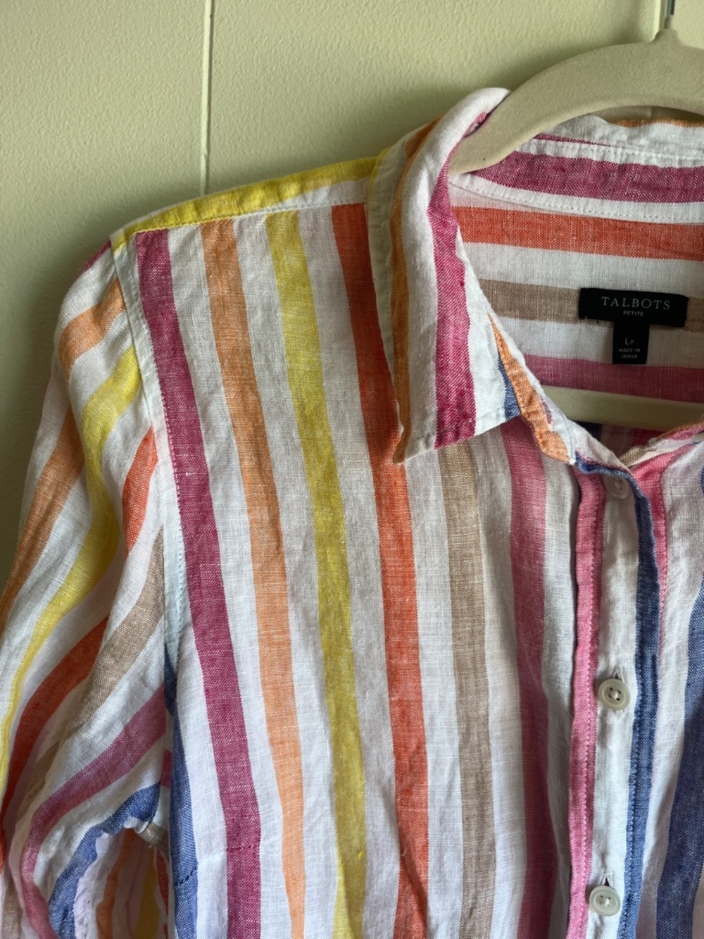 Talbots Multicolor Striped Button-Down Linen Beach Coastal Summer Shirt Sz LP - Picture 6 of 9